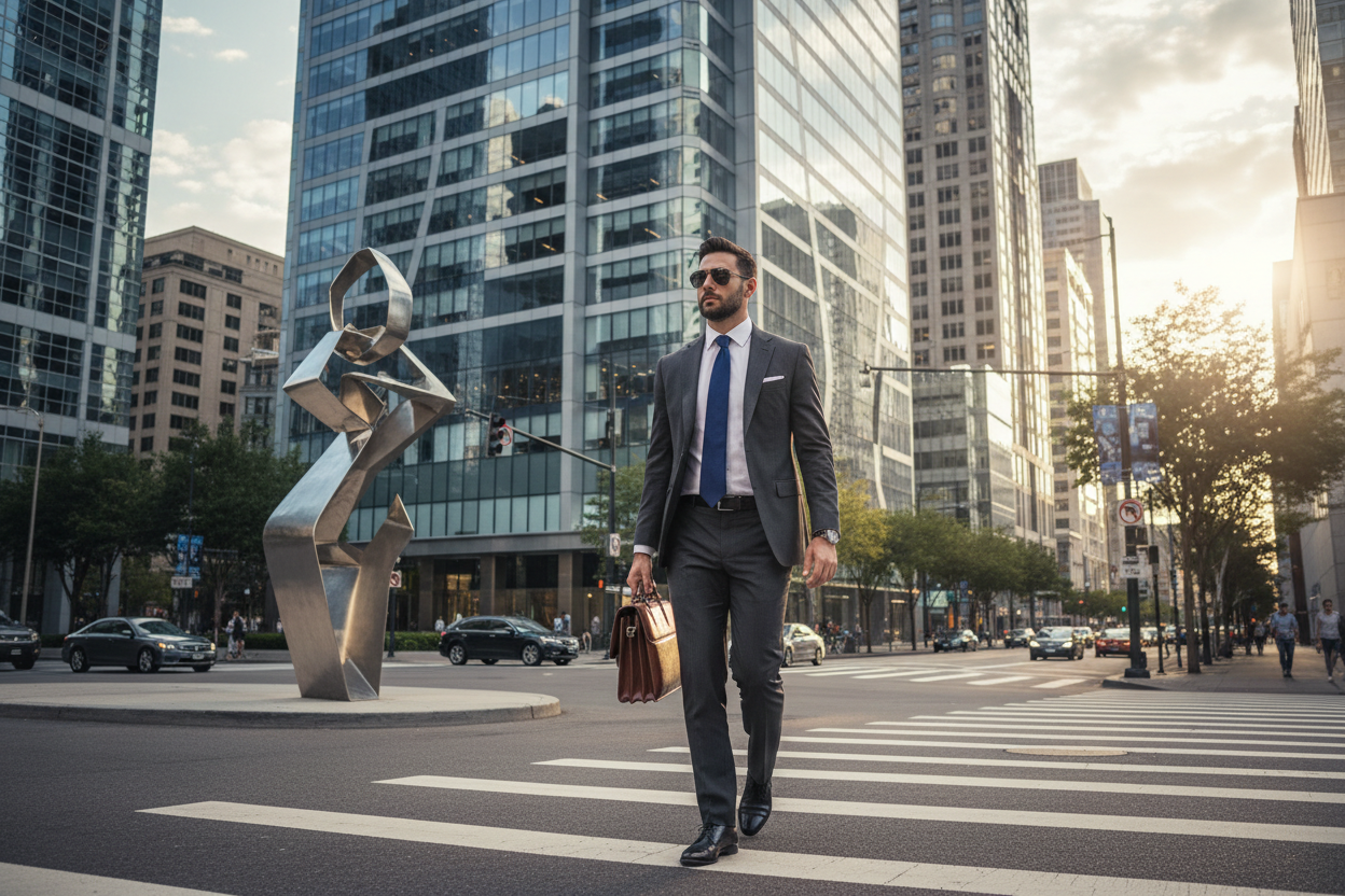 一个商务男性戴着墨镜在大厦林立的街区行走