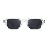 Clear frame sunglasses with dark lenses on a white background