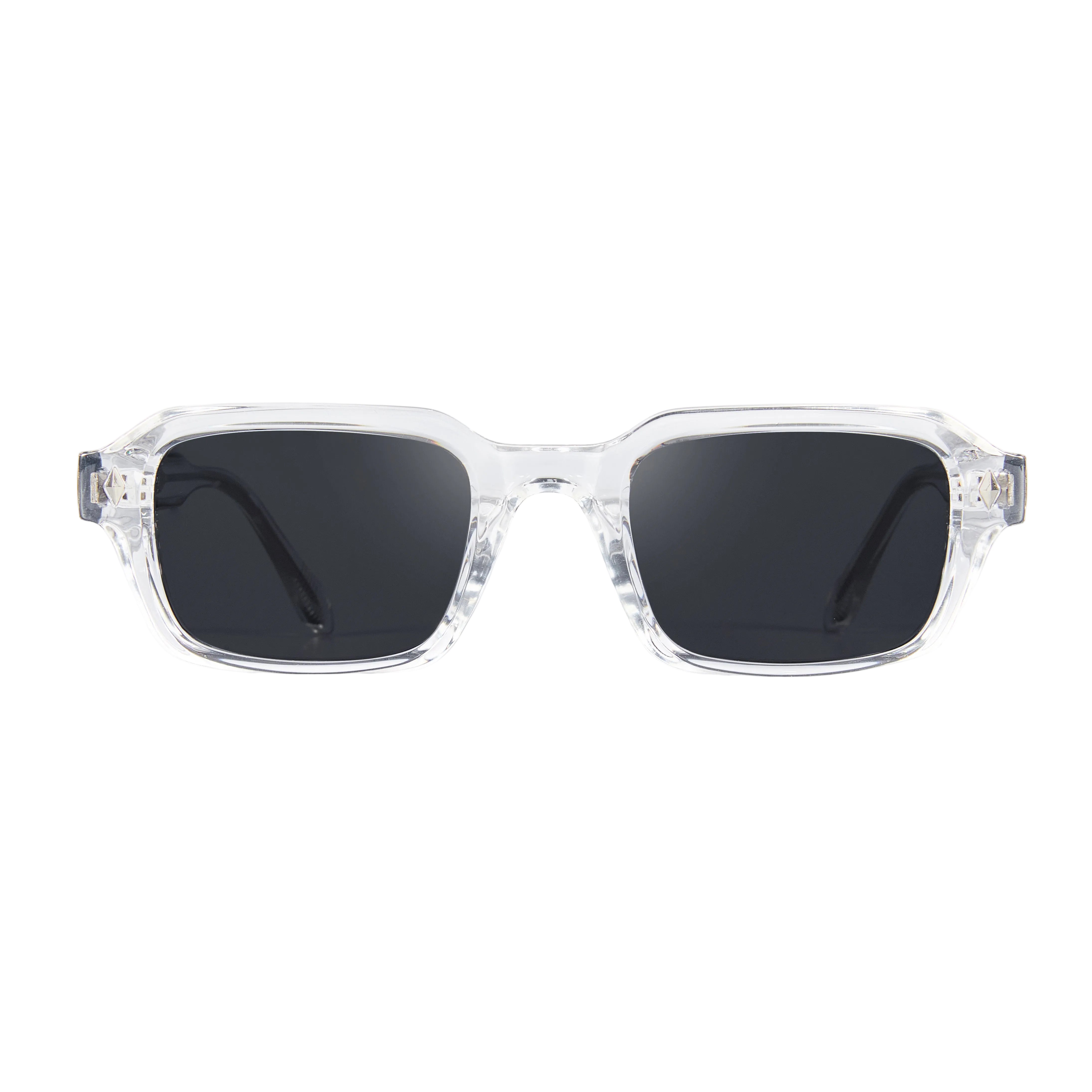 Clear frame sunglasses with dark lenses on a white background
