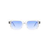 Sunglasses with blue gradient lenses on a white background