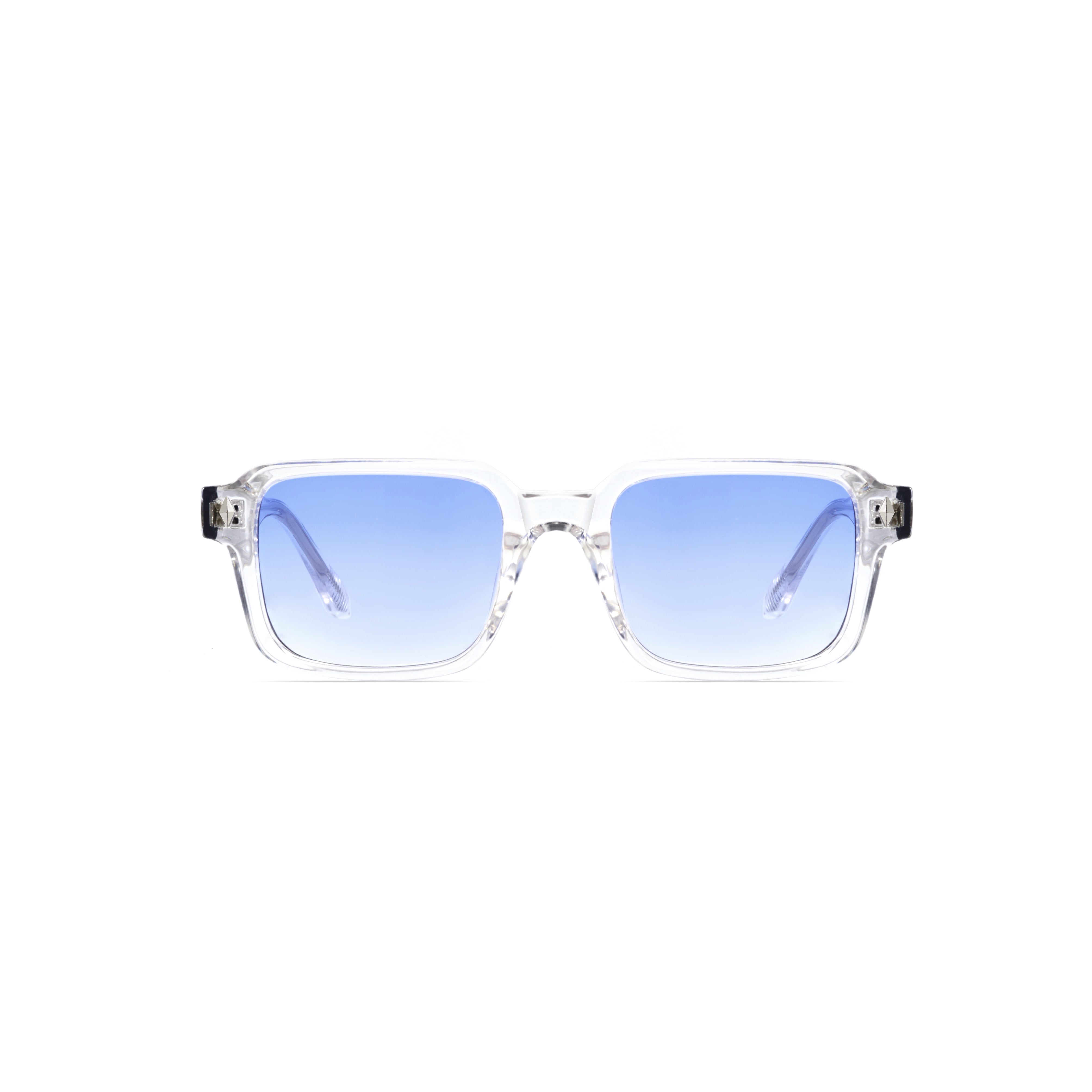 Sunglasses with blue gradient lenses on a white background