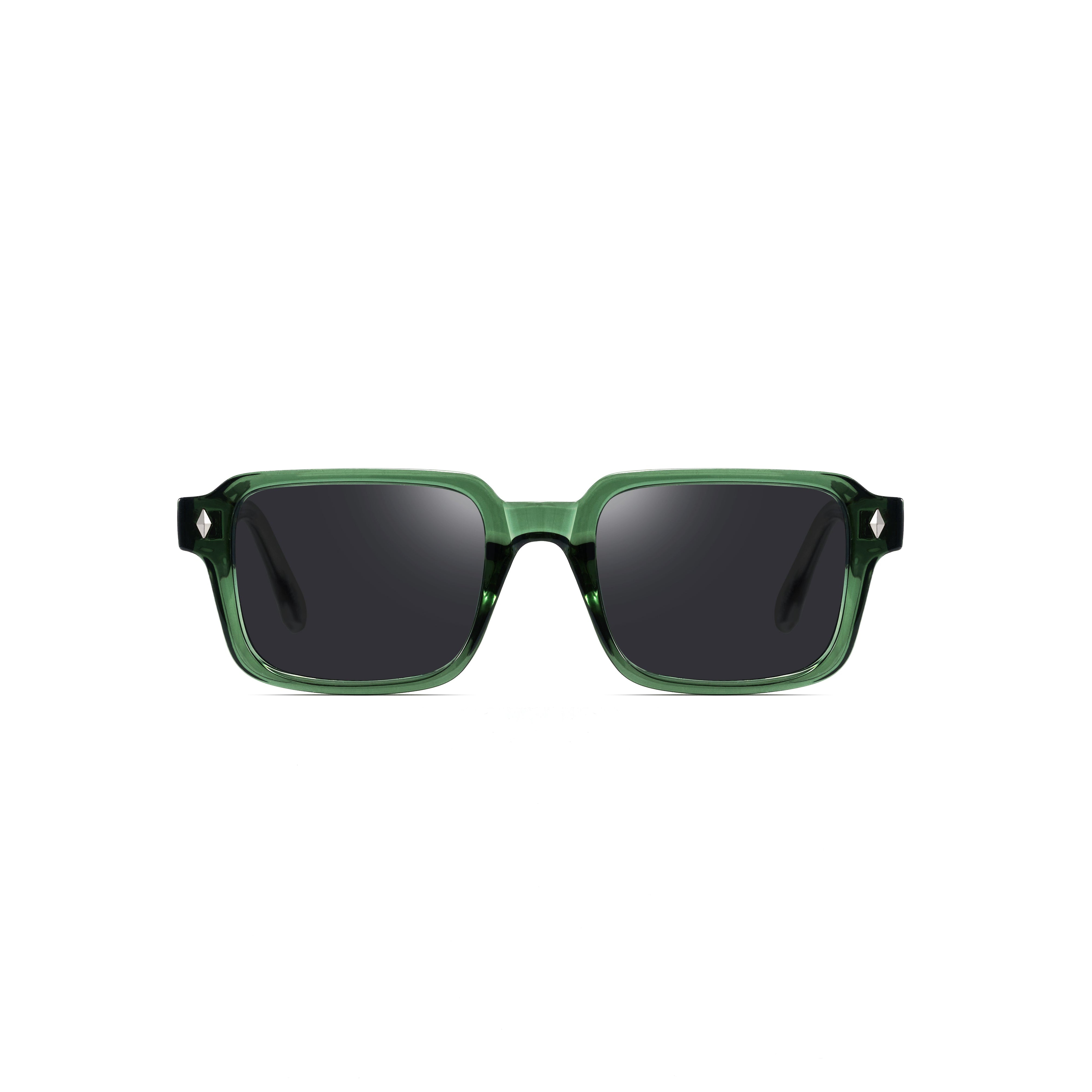 Green sunglasses with dark lenses on a white background