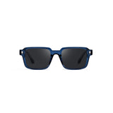 Blue sunglasses with dark lenses on a white background