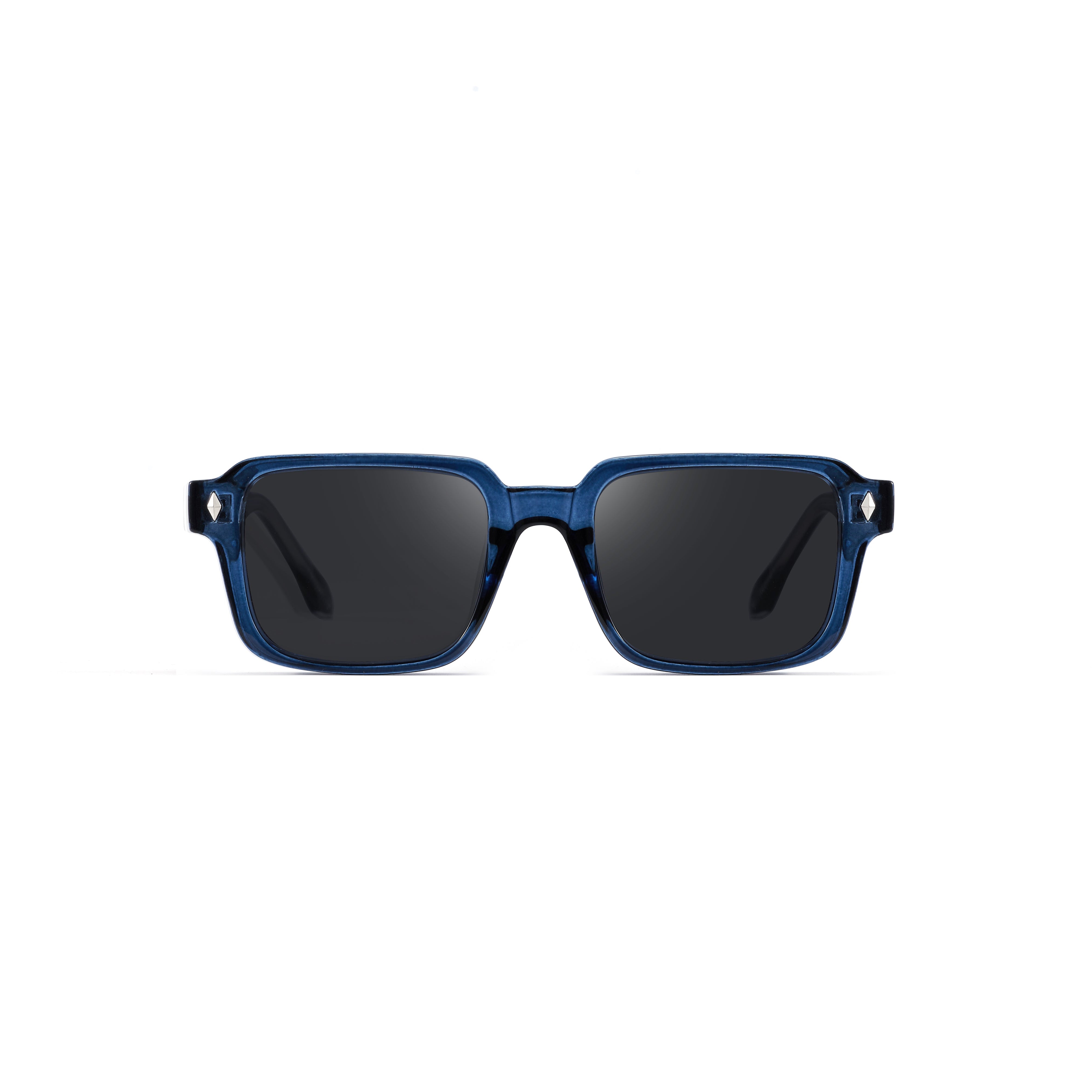 Blue sunglasses with dark lenses on a white background