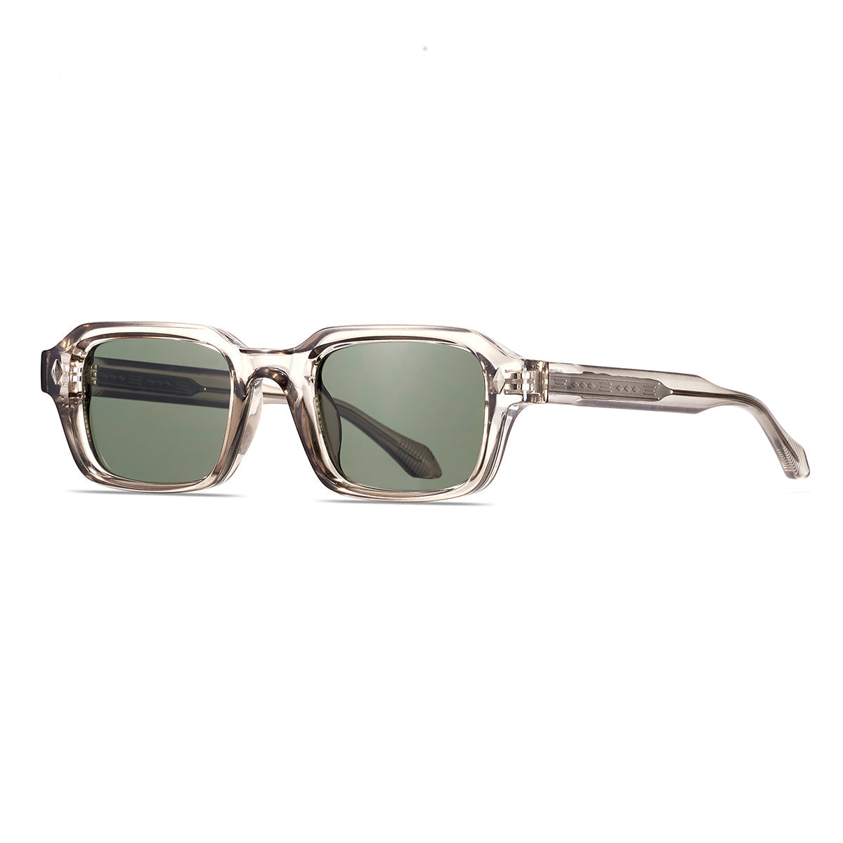 Sunglasses with brown frame and green lenses on a white background